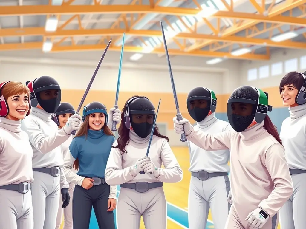 A diverse group of fencers participating in a fencing workshop, with a focus on inclusivity and accessibility. The image should convey a sense of community, support, and personal growth.