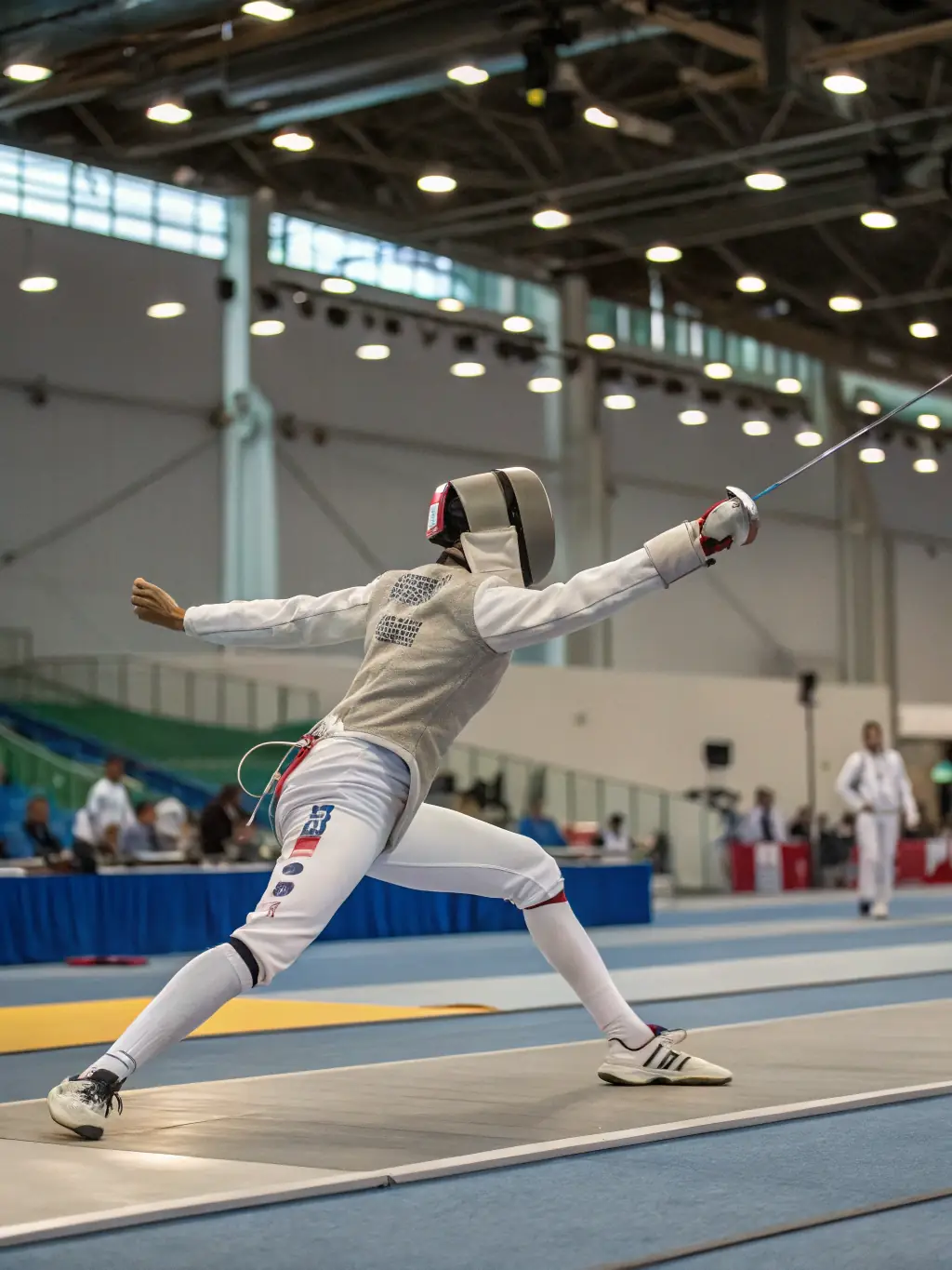 An image of a fencing tournament, showcasing fencers competing in a bout, with spectators in the background. The photo captures the excitement and competitive spirit of fencing.