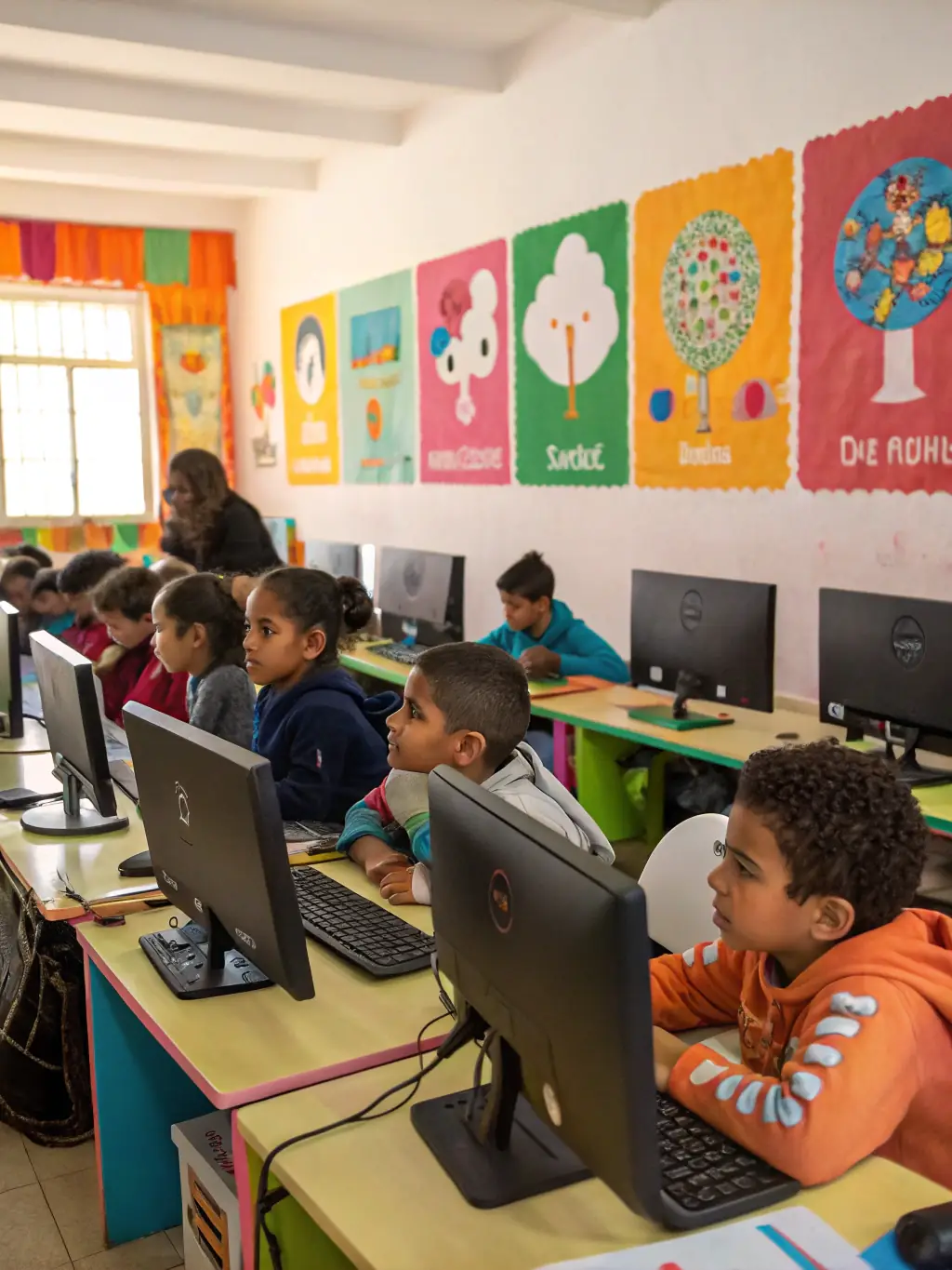 A vibrant photo of children participating in an interactive learning session at a FOL educational program, showcasing engagement and enthusiasm.