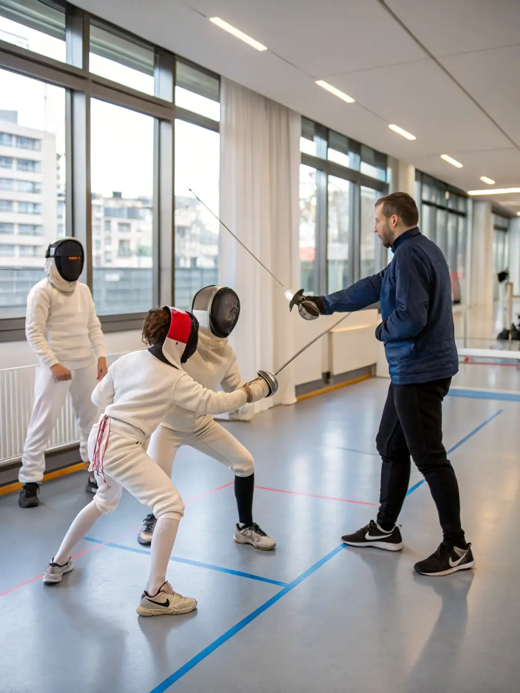 A photograph capturing a children's fencing class in action, showcasing young participants in protective gear, engaged in a bout under the guidance of an instructor. The setting is a gymnasium with fencing equipment visible.