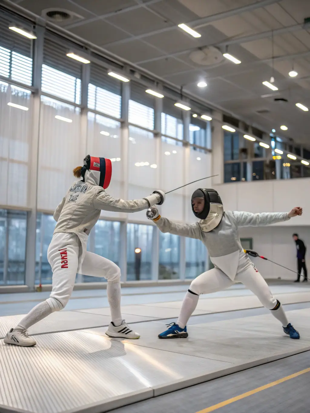 A dynamic shot of adult fencers during a training session, demonstrating advanced techniques and footwork. The image emphasizes the intensity and skill involved in competitive fencing.