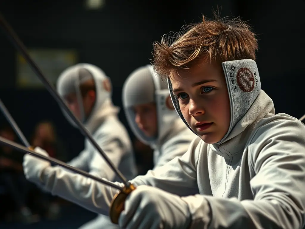 A group of young fencers in full gear, practicing footwork drills under the guidance of a coach in a well-lit fencing hall. The image should convey energy, focus, and teamwork.