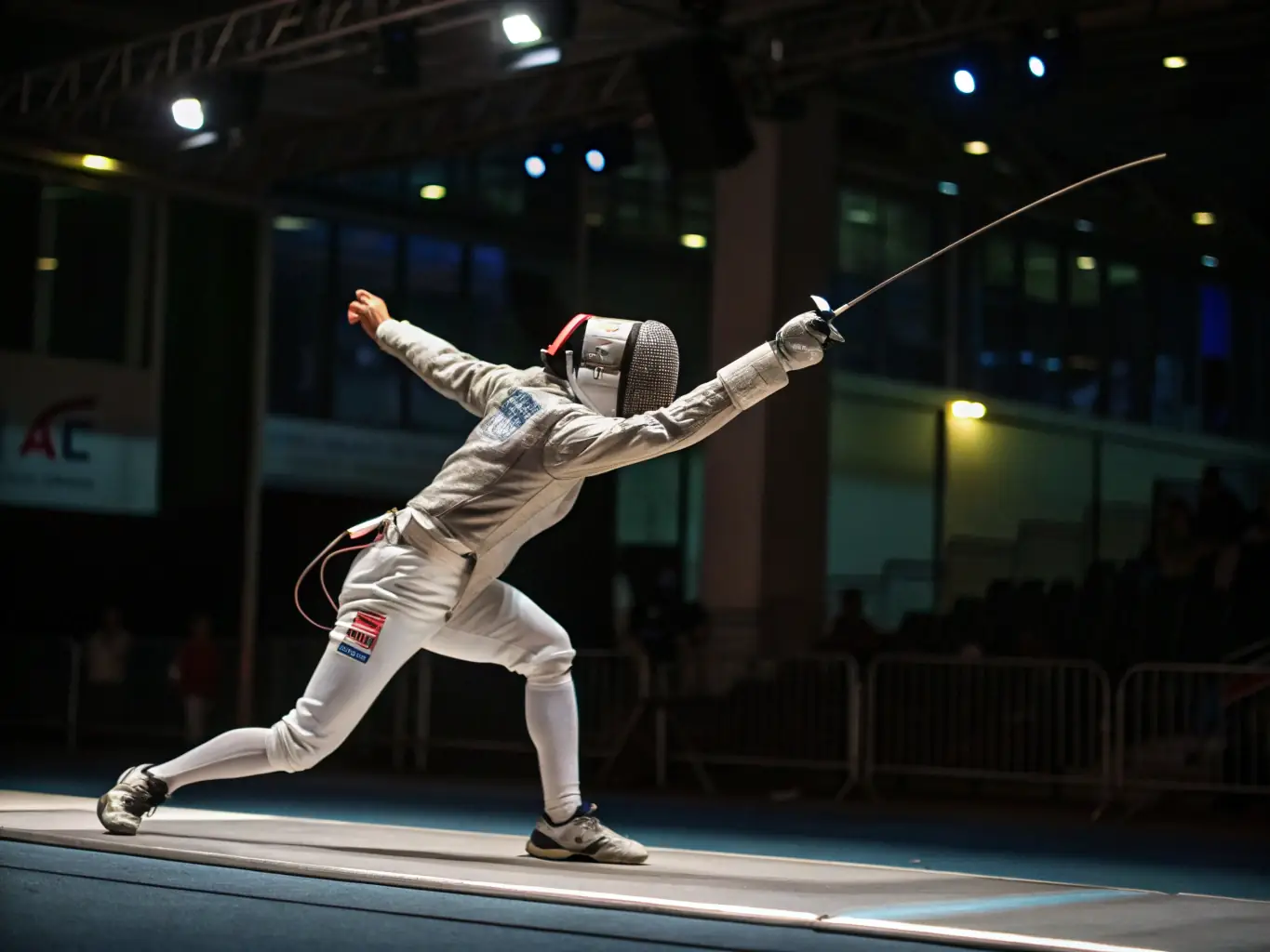 An adult fencer demonstrating a parry-riposte technique during an advanced training session. The image should highlight precision, speed, and tactical thinking.