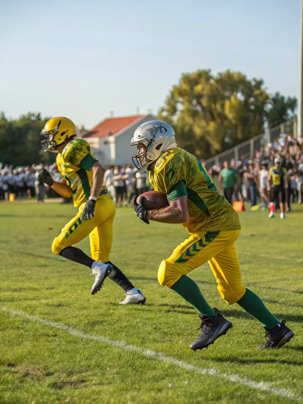 An action shot of a local football competition, capturing the intensity and excitement of the game, with players demonstrating sportsmanship and competitive spirit.