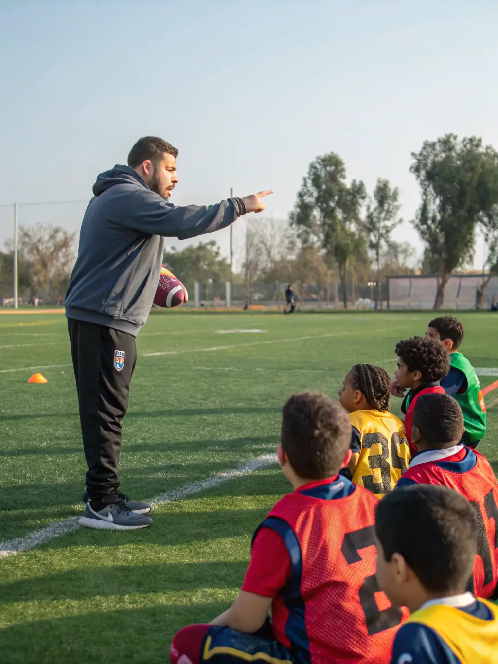 A coach leading a training session, demonstrating techniques and strategies to a group of attentive young football players on a sunny field.
