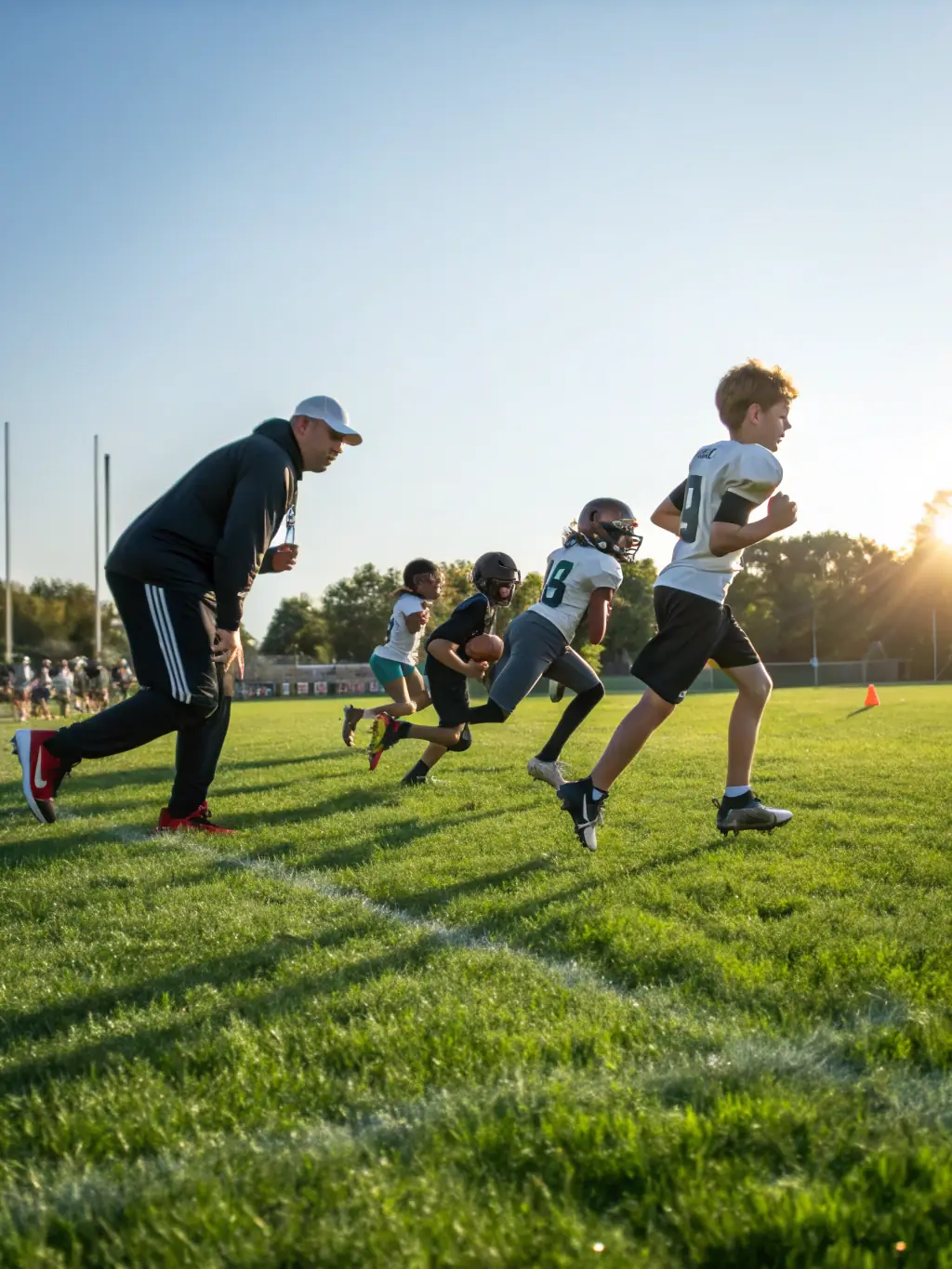 A diverse group of young football players participating in a training session, focusing on teamwork and skill development, with a coach providing guidance.