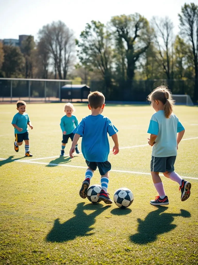 A vibrant image of young football players participating in a training session, showcasing teamwork and skill development, set against a backdrop of a sunny football field in Gironde.